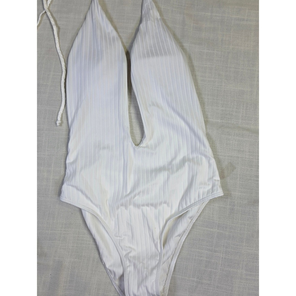 White Ribbed Deep V-Neck Halter One Piece Swimsuit Padded Open Back Swimwear